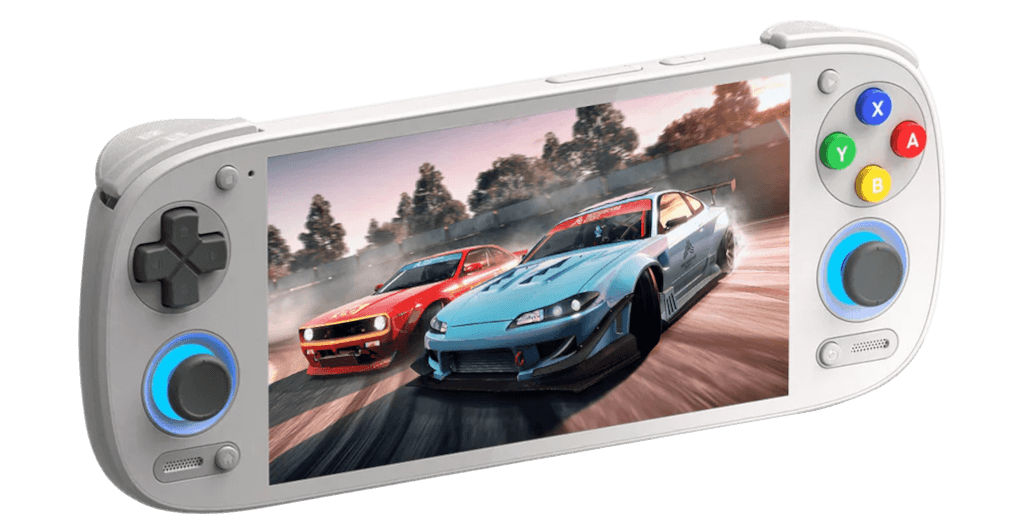 Handheld gaming console with colorful buttons displaying a racing game on screen.